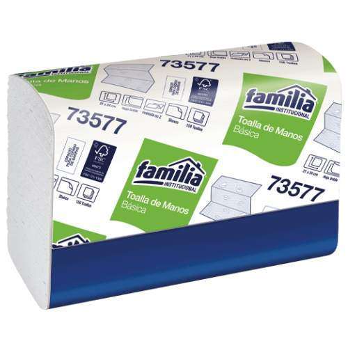 Toalla de Manos Doblada en Z blanca hoja doble 150 hojas x fajo Familia Institucional
